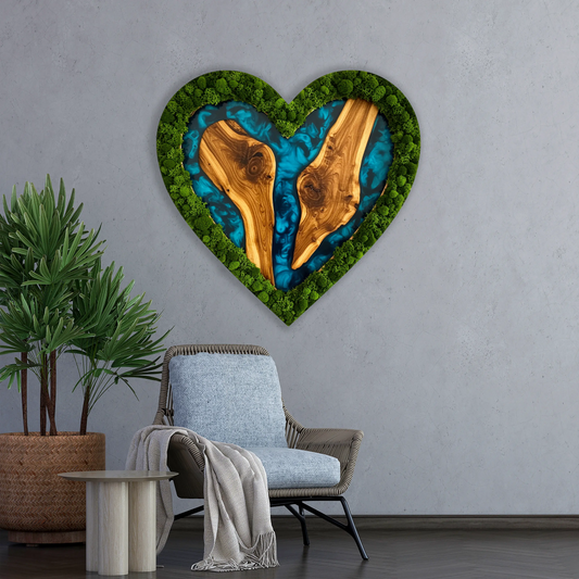 Wooden UV printed Moss wall decor Ocean Heart