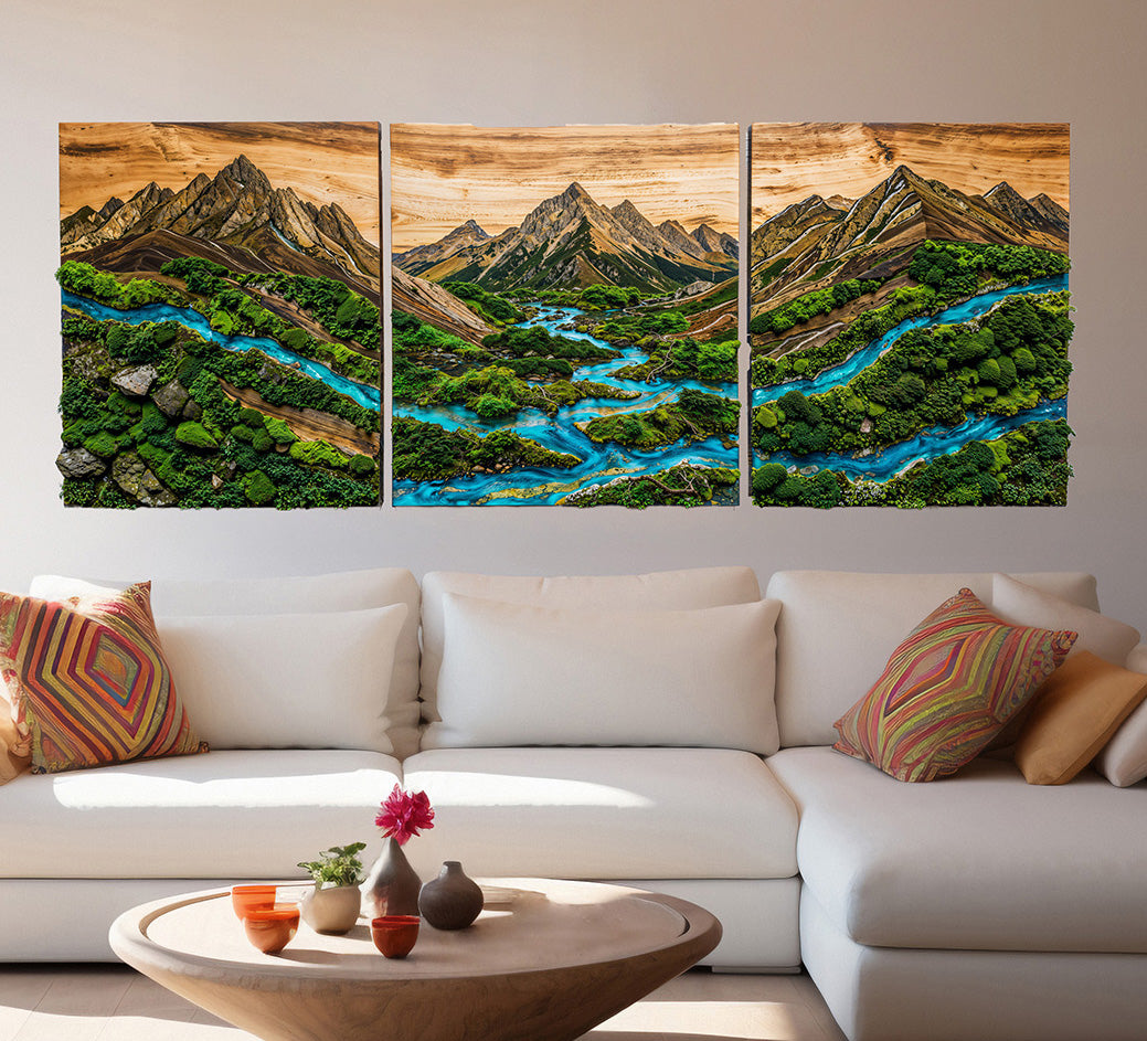 Wooden UV printed Moss wall decor Mossy Mountains