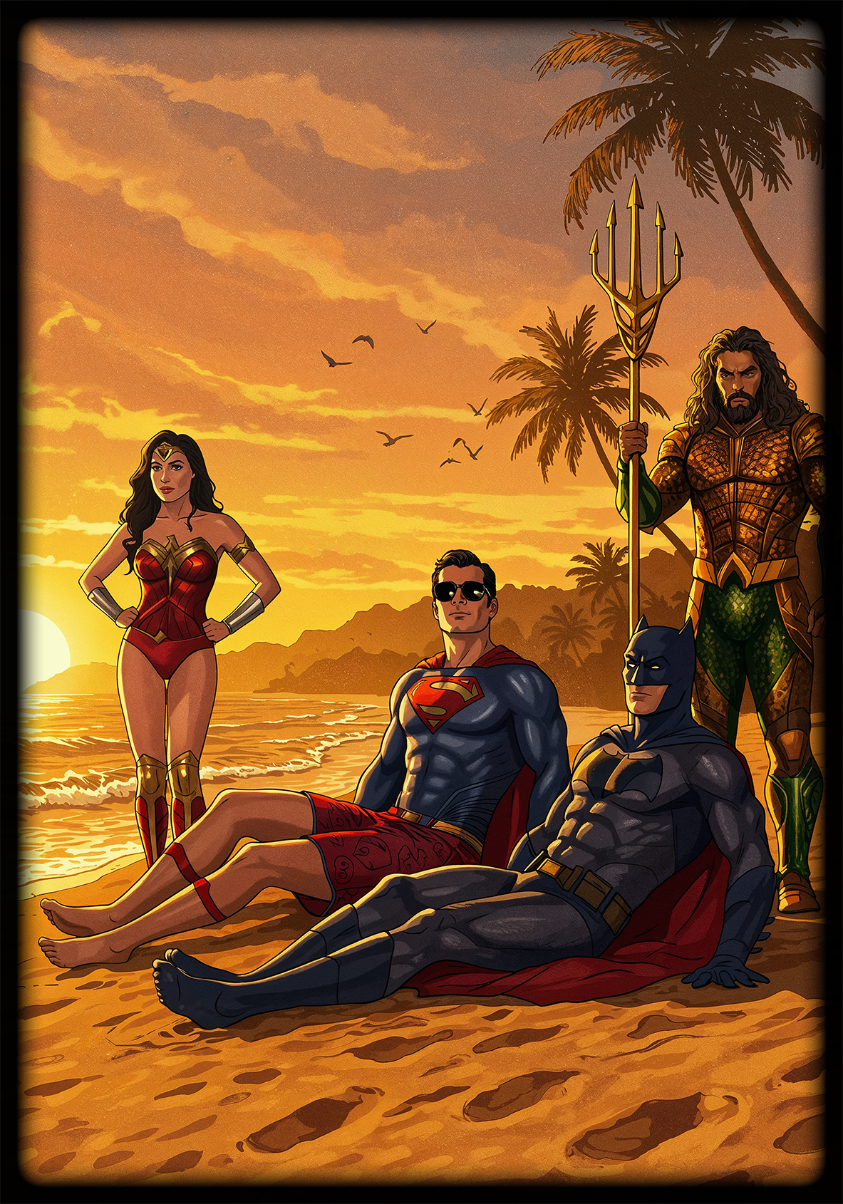 Luminous poster Justice League - Batman, Wonderwoman, Superman on the Beach