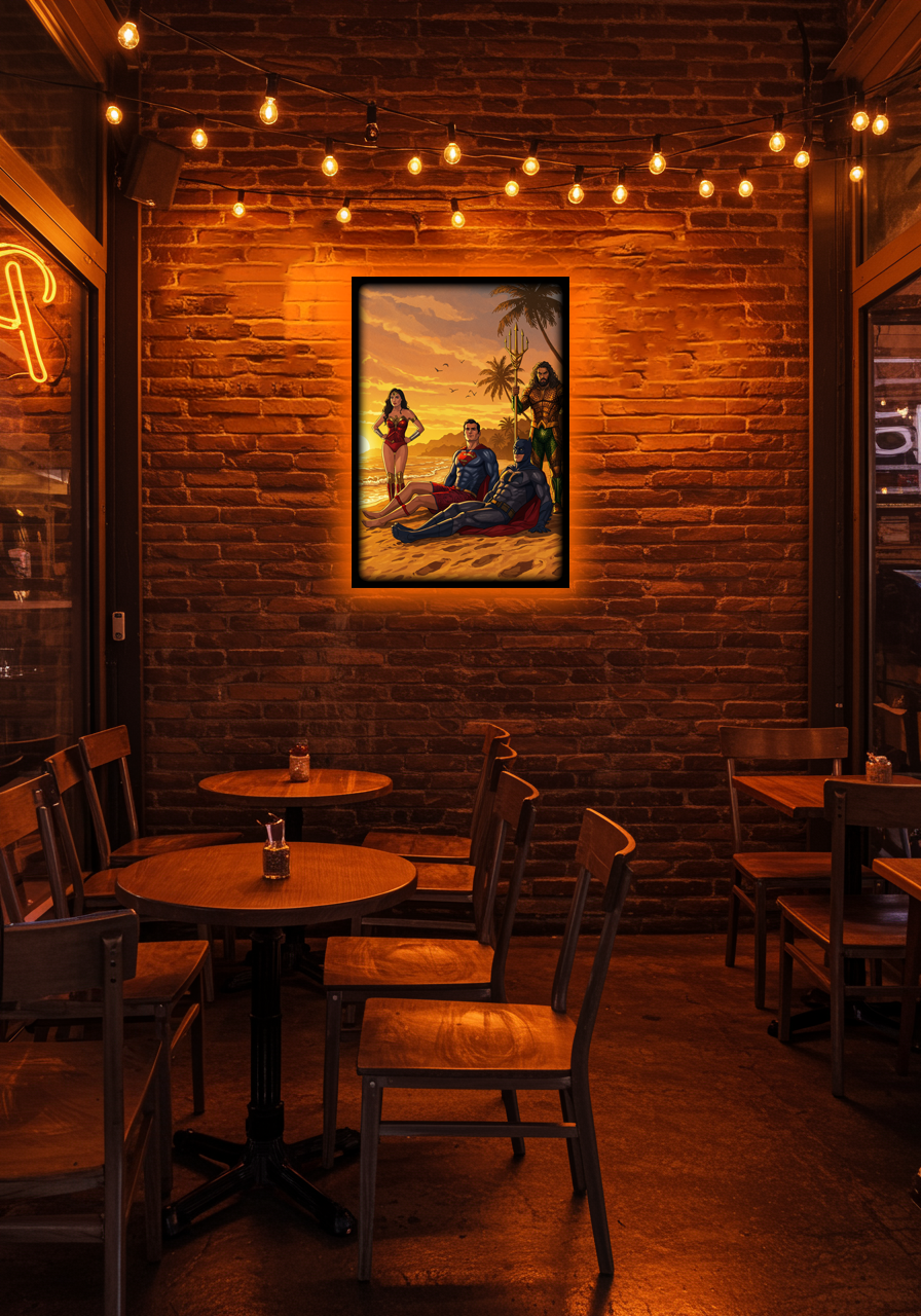 Luminous poster Justice League - Batman, Wonderwoman, Superman on the Beach