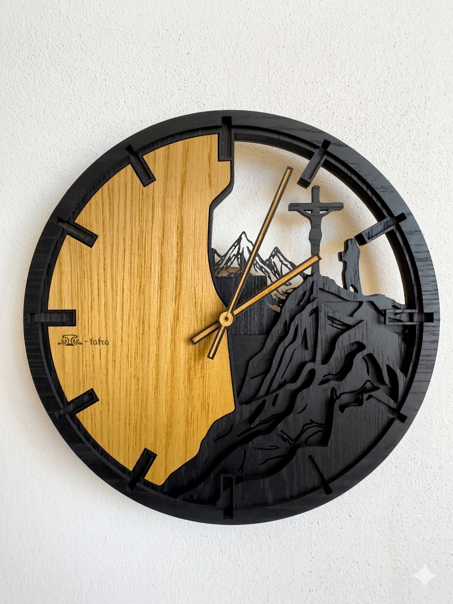 Mountains & Cross – 3D Oak Wood Wall Clock (T-Tatra)