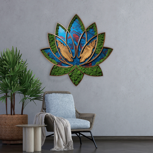 Wooden UV printed Moss wall decor Lotus flower