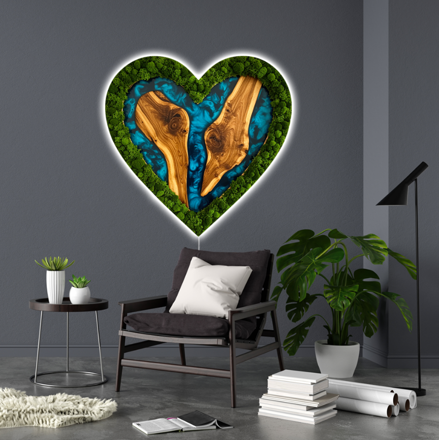 Luminous poster Heart - Blue Samba Glass poster - moss stylized