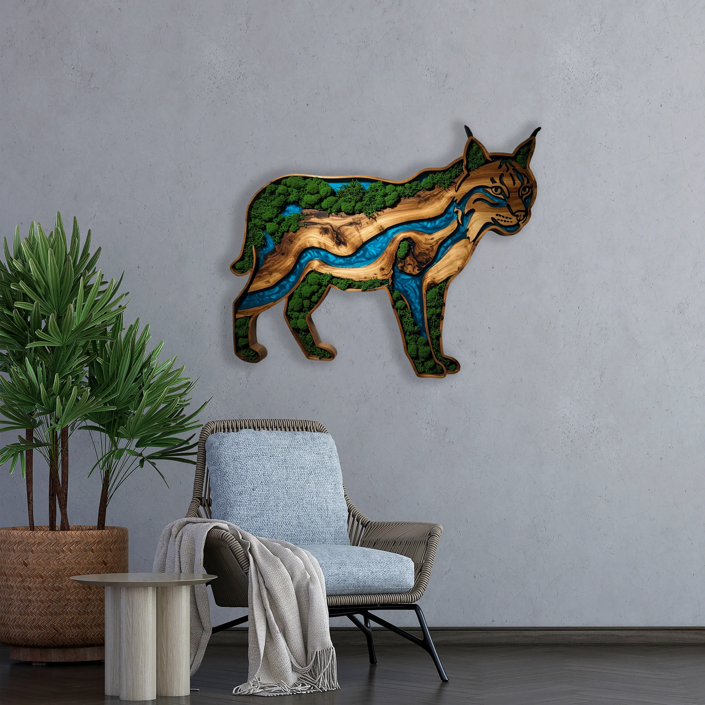 Wooden UV printed Moss wall decor Lynx