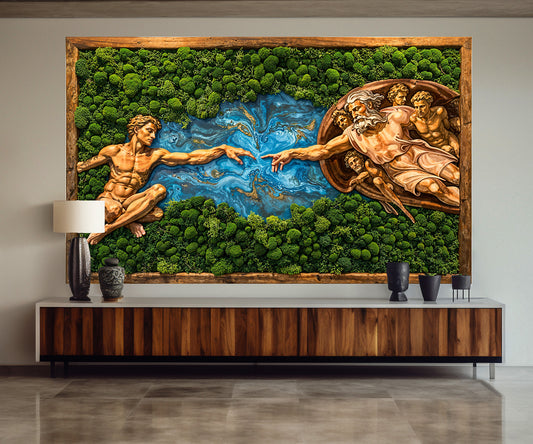 Wooden UV printed Moss wall decor Creation of Adam