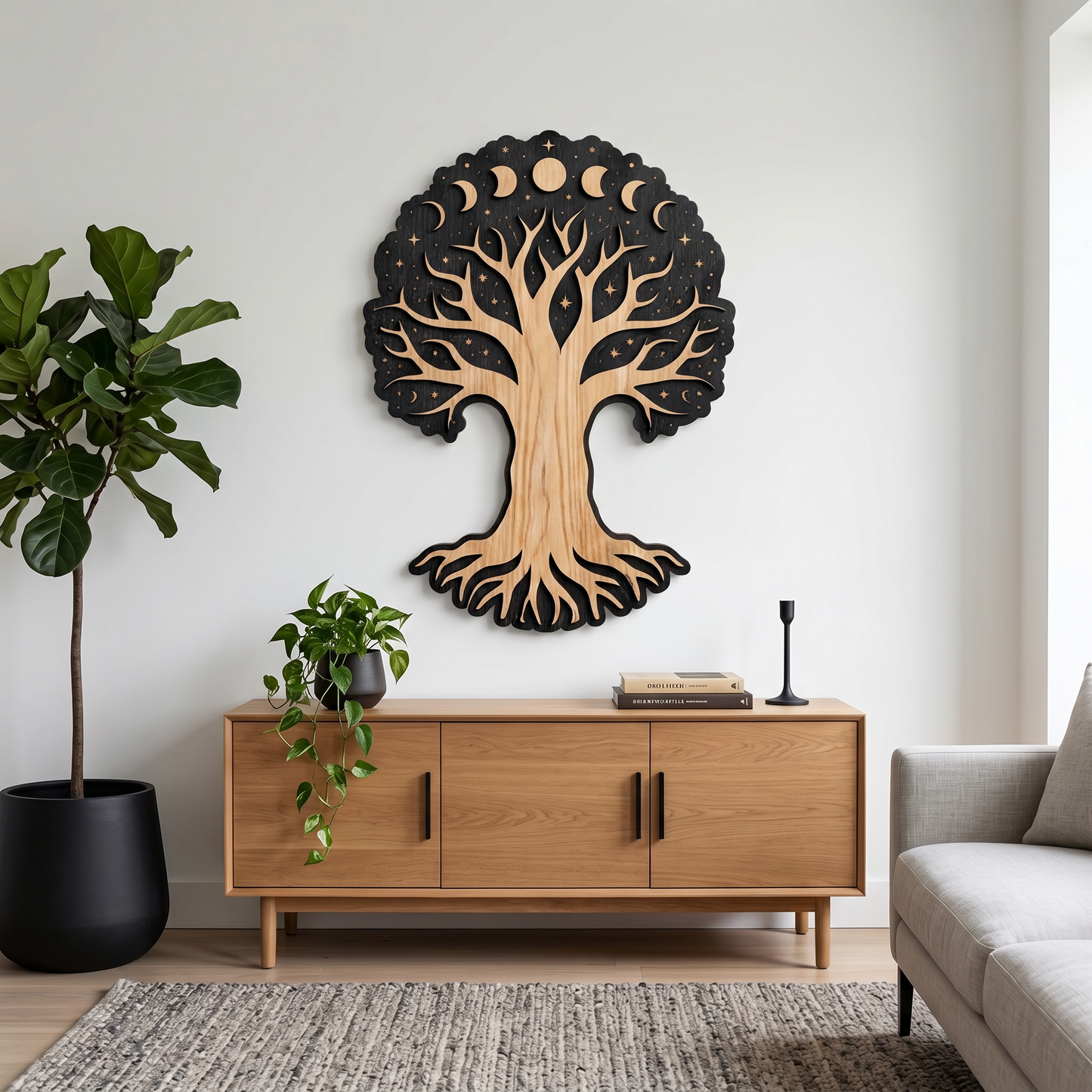 Tree of Moon Phases – Real Nature Oak Wood Wall Decor (T-Tatra)