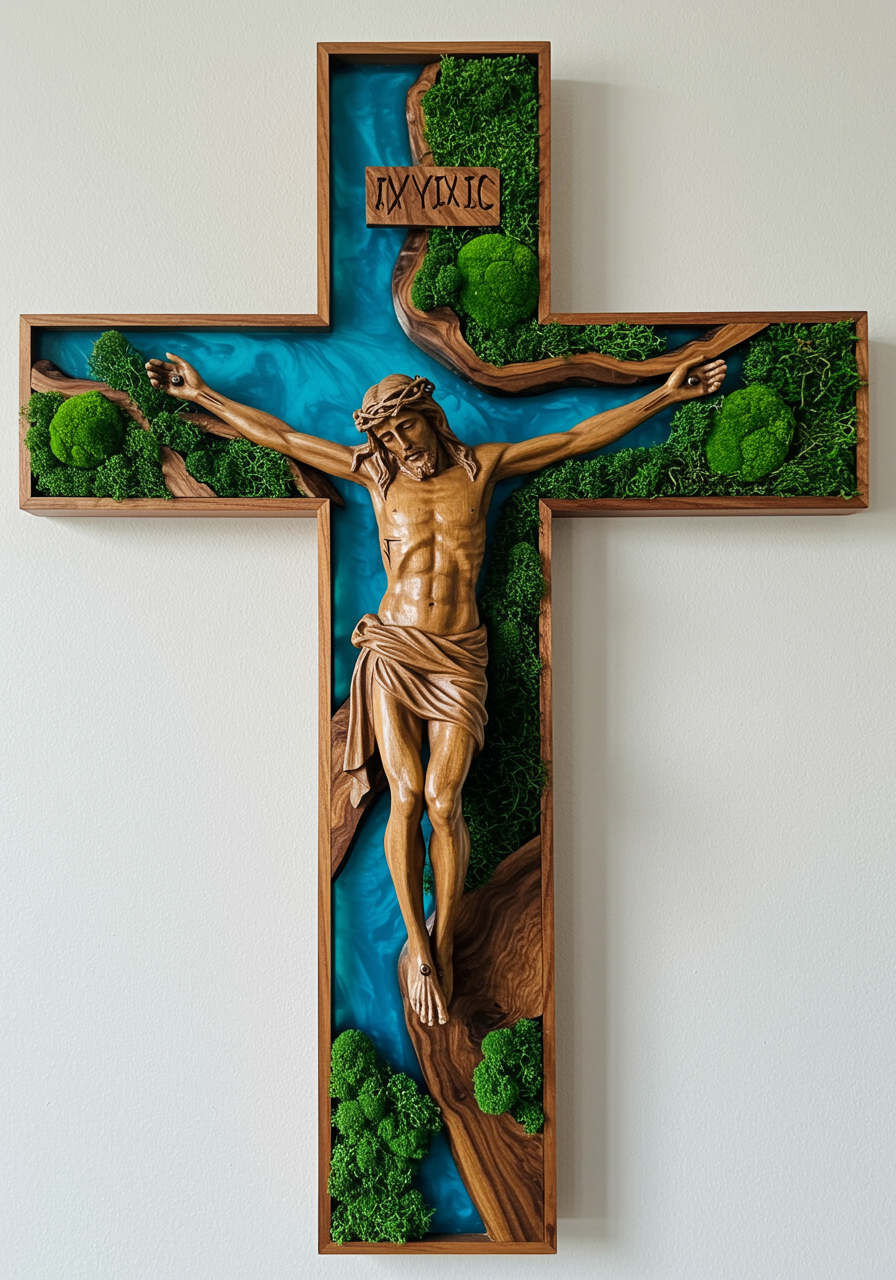 Luminous poster Jesus on the cross Glass poster - moss stylized