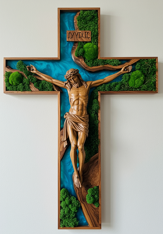 Luminous poster Jesus on the cross Glass poster - moss stylized