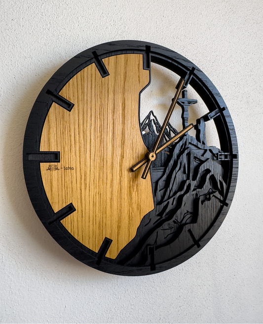 Mountains and Cross oak wall clock