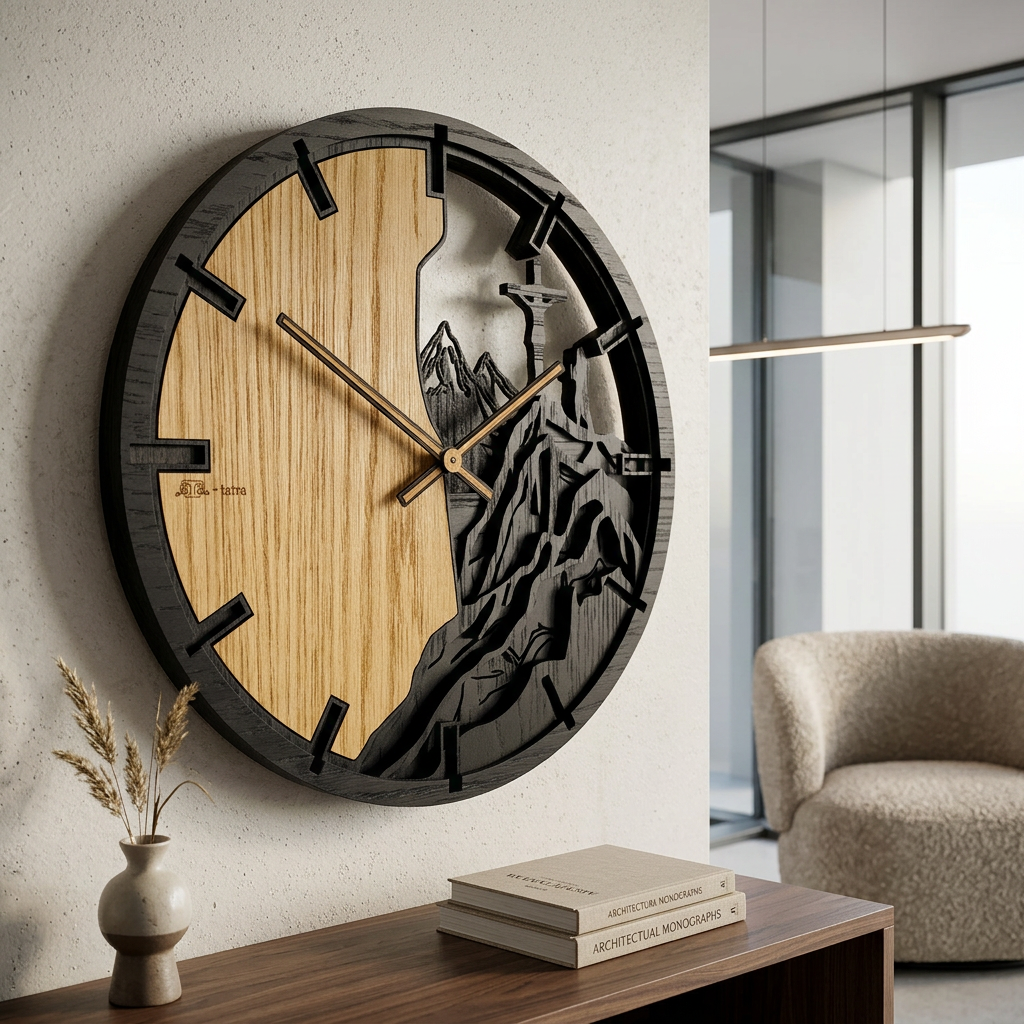 Mountains &amp; Cross – 3D Oak Wood Wall Clock (T-Tatra)