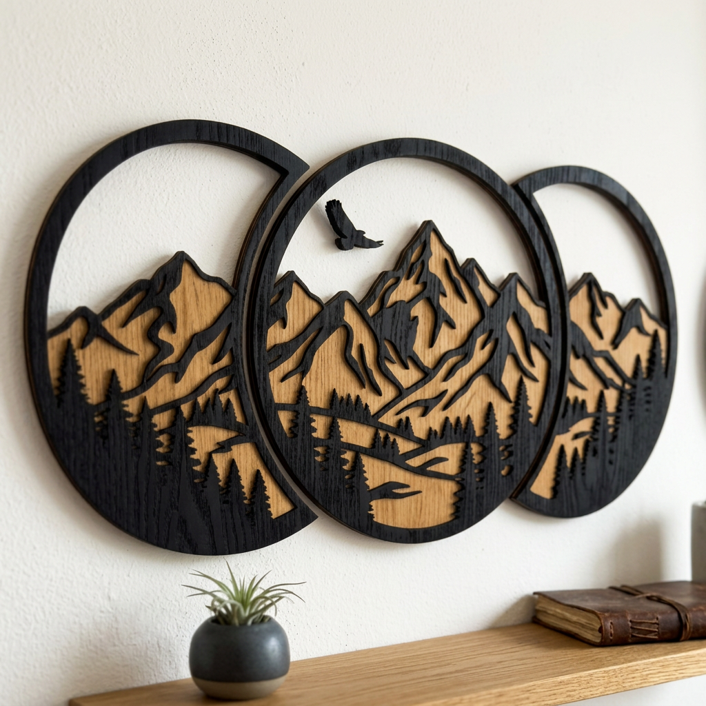Mountain circles oak wall decor