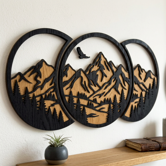 Mountain circles oak wall decor