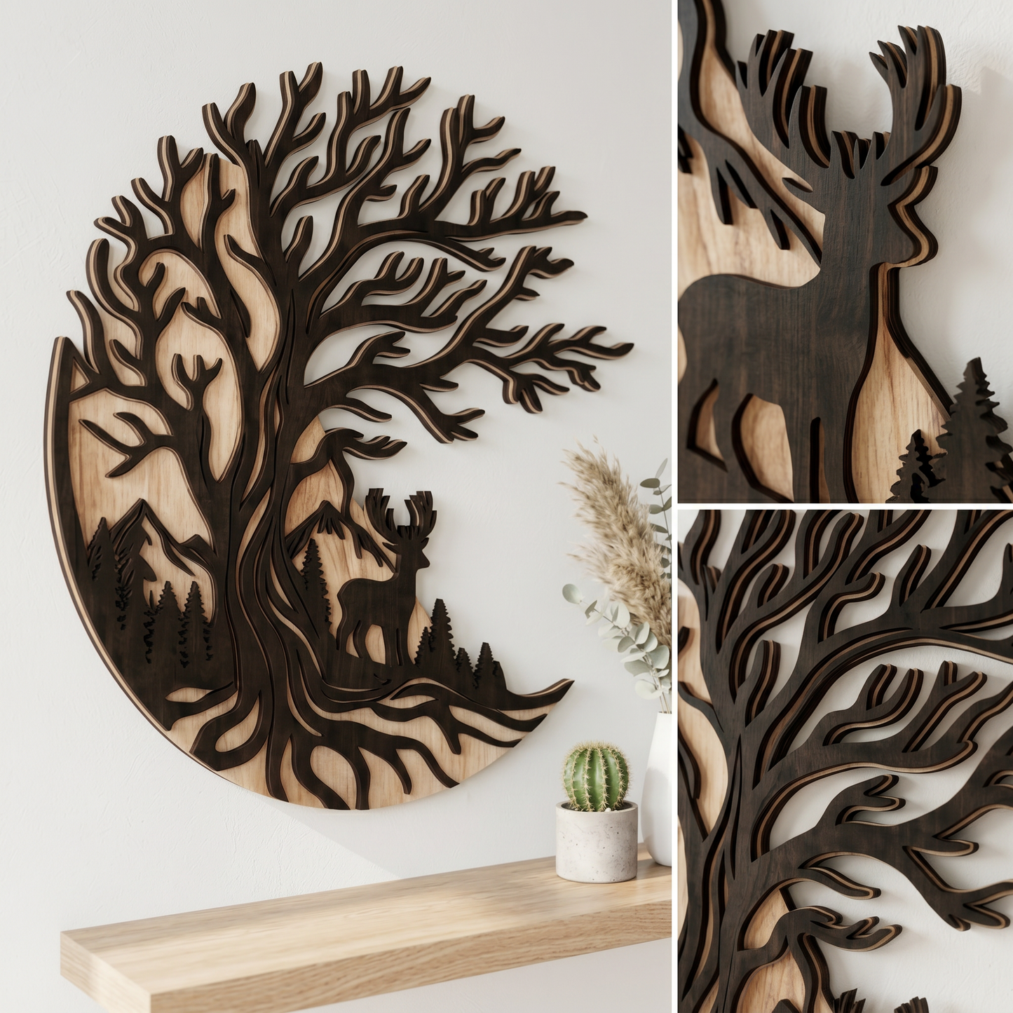 Tree of Life – Willow &amp; Deer – Real Nature Oak Wood Wall Decor (T-Tatra)
