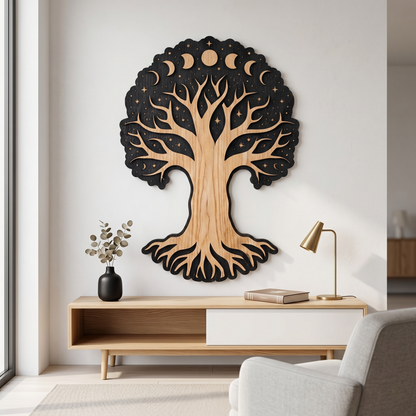 Tree of moon phases oak wall decor