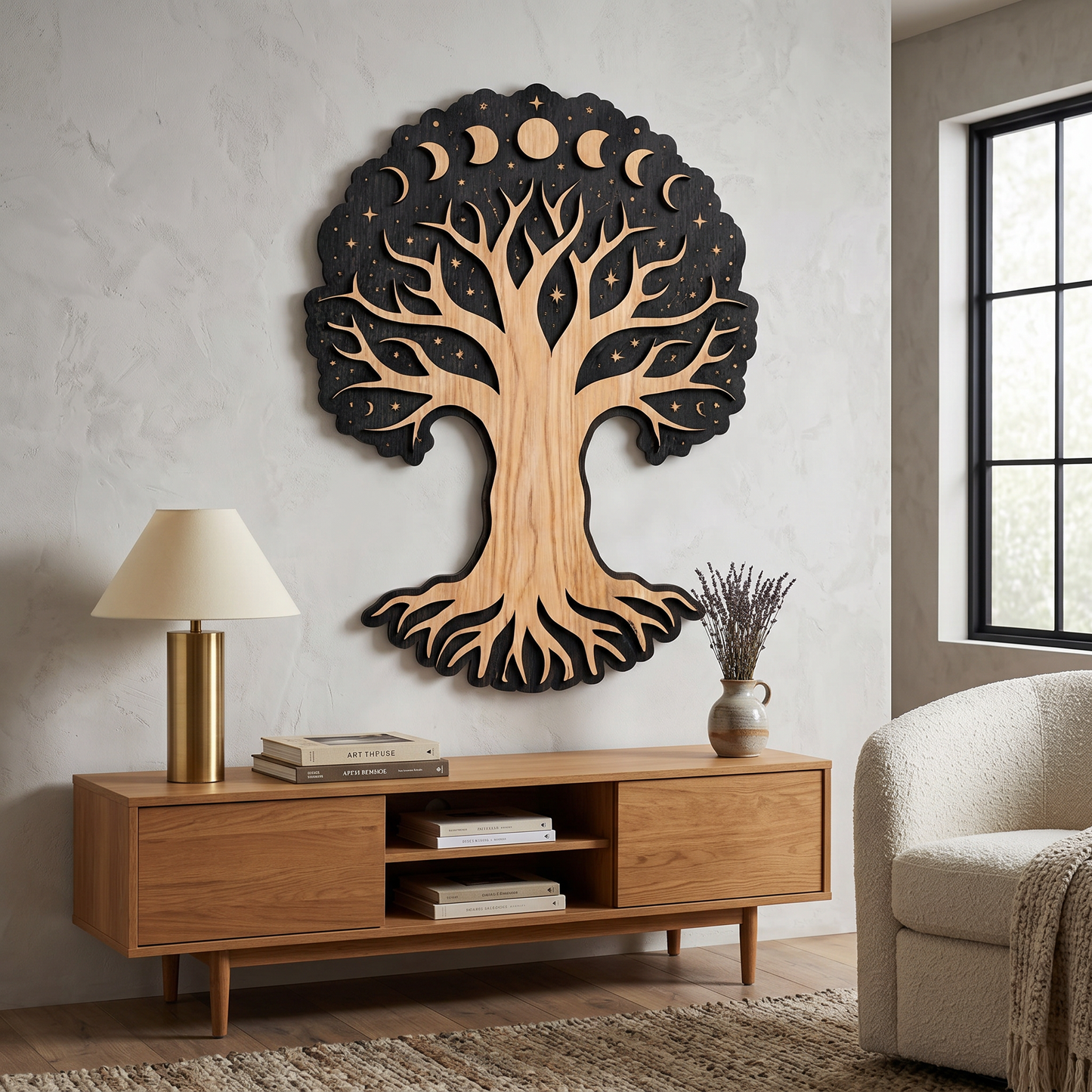 Tree of Moon Phases – Real Nature Oak Wood Wall Decor (T-Tatra)