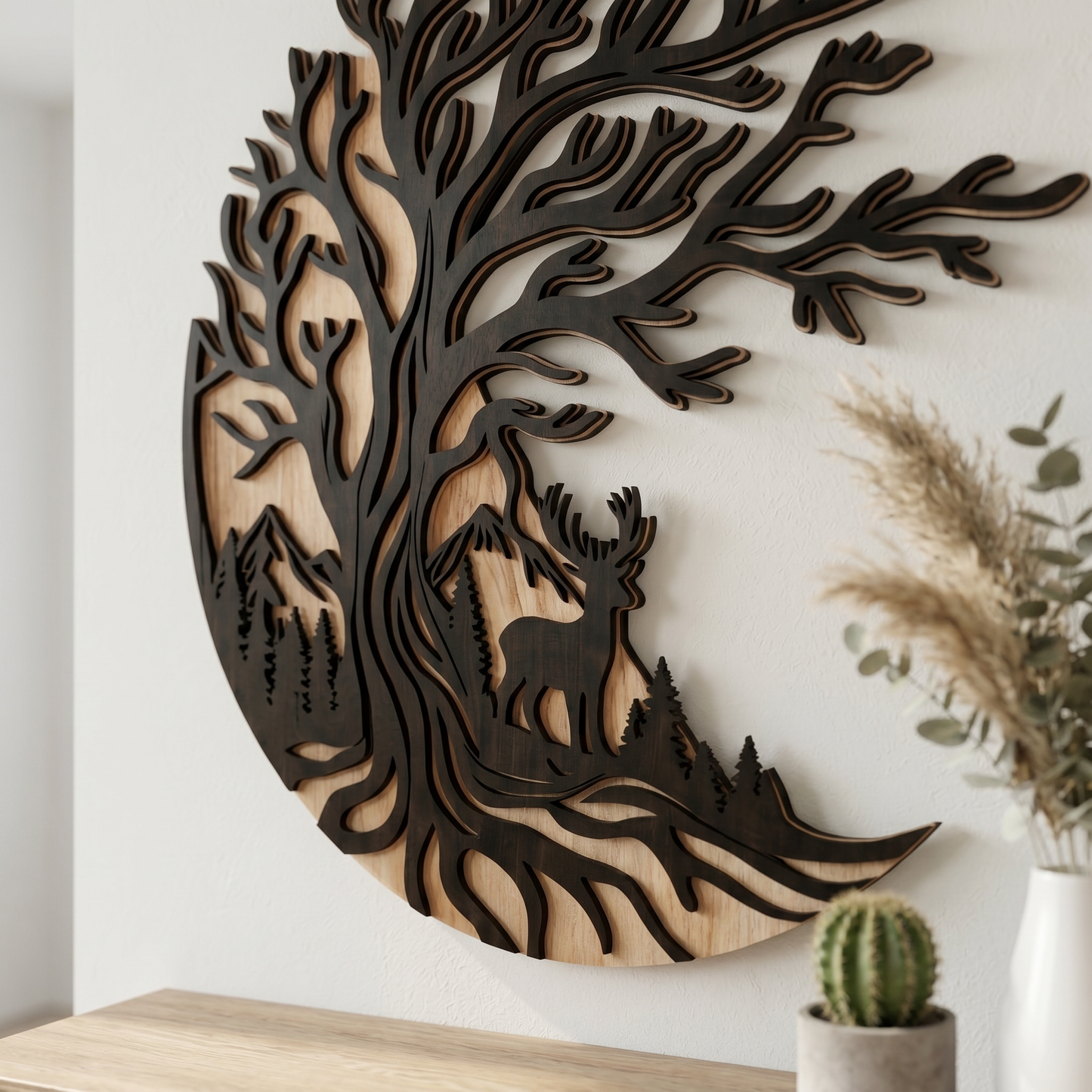 Tree of Life – Willow &amp; Deer – Real Nature Oak Wood Wall Decor (T-Tatra)