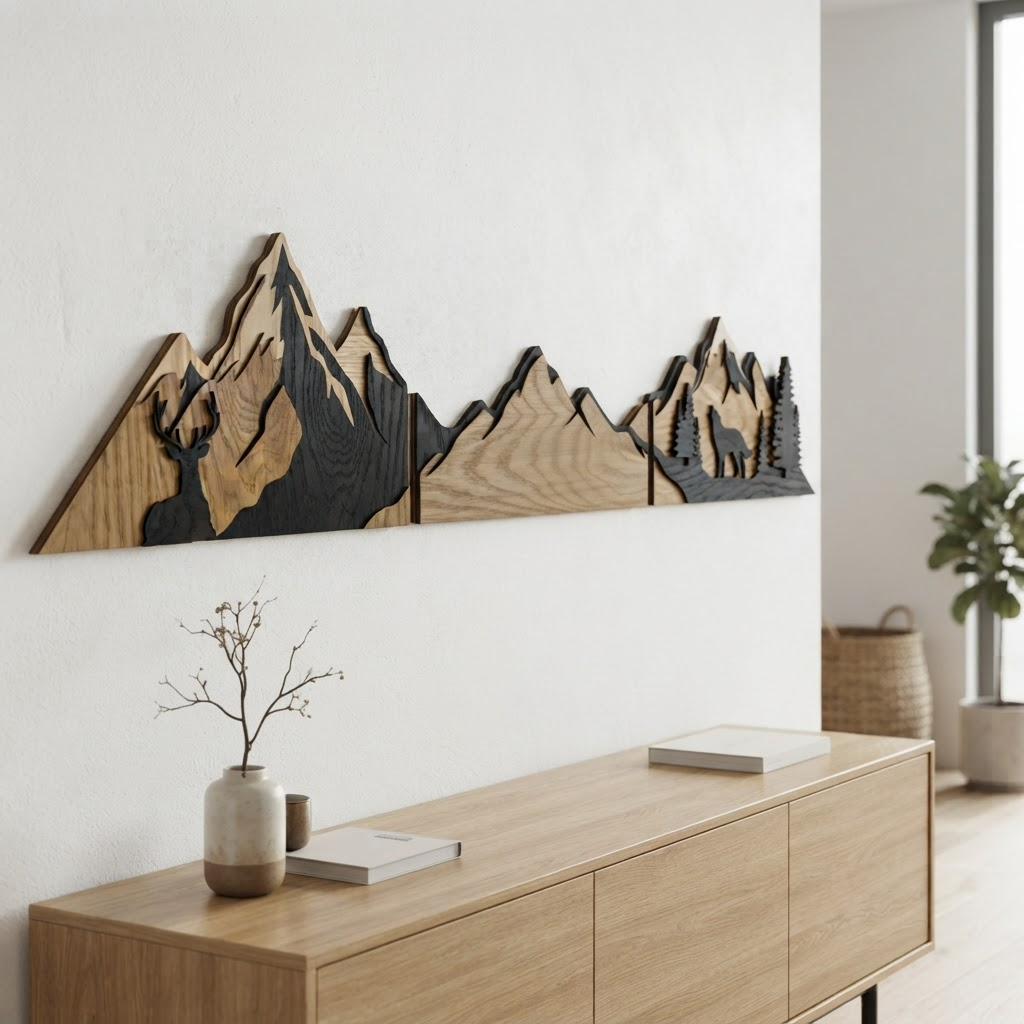 Mountains and landscape oak panel