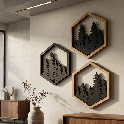 Three hexagons oak wall decor